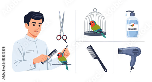 Groomer giving a bird a haircut with comb and scissors next to bird cage shampoo and hair dryer items