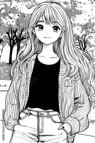 Smiling girl in park, black and white
