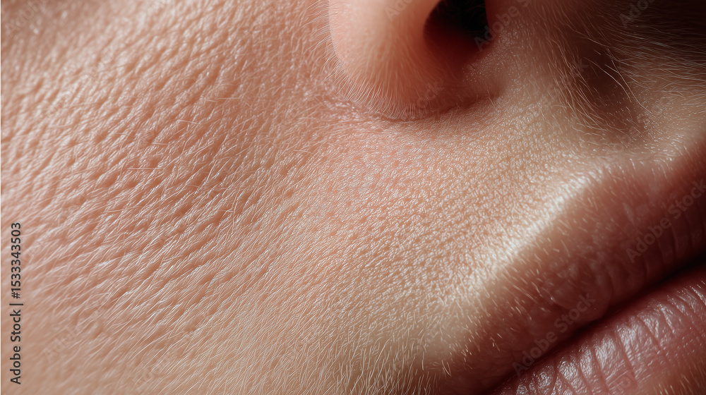 Obraz premium Skin texture macro with subtle peach fuzz and no blemishes, showing natural pores and fine hair on smooth skin near nose and lips in soft lighting