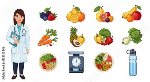 Female doctor with fruits vegetables scale and water bottle promoting healthy eating and lifestyle habits