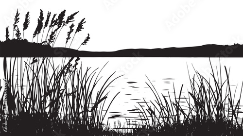 Reeds swaying by a lakeside. silhouette illustration