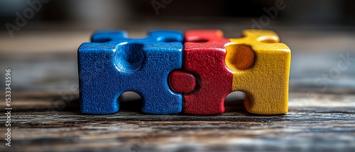 Colorful puzzle pieces on a wooden surface