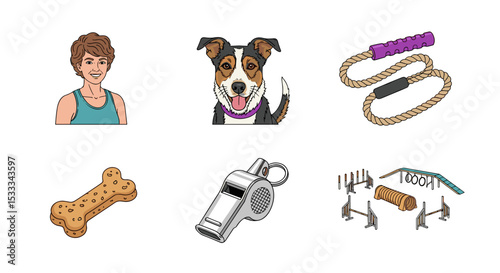 Illustration of a woman, dog, rope toy, dog biscuit, whistle, and dog agility equipment set on white