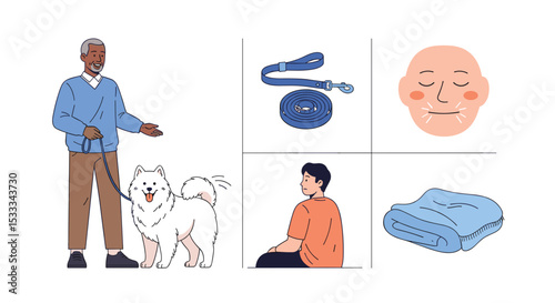 Illustration featuring a man with a dog, leash, face, seated person, and folded towel in quadrants