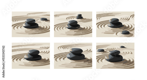 Six panels depicting zen gardens with stacked stones and raked sand in a minimalist style art work