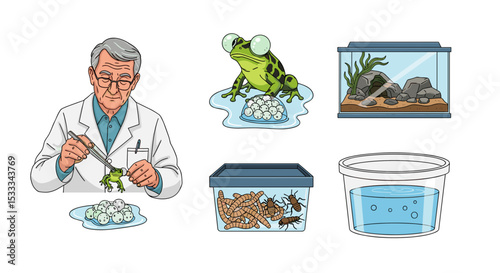 Scientist examining frog with tweezers next to frog eggs and terrarium with food and water container