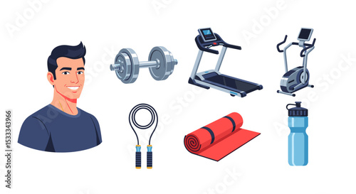 Illustration showing a man dumbbell treadmill elliptical jump rope mat and water bottle on a white background