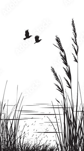 Reeds swaying by a lakeside. silhouette illustration