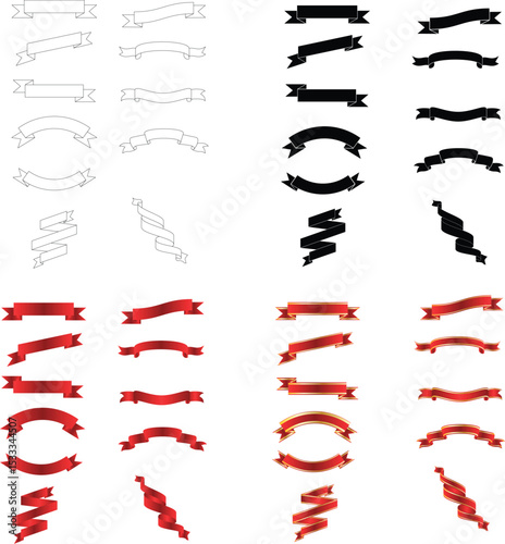 Set of ribbon design element in various style outline, black, red, and gold red gradient color