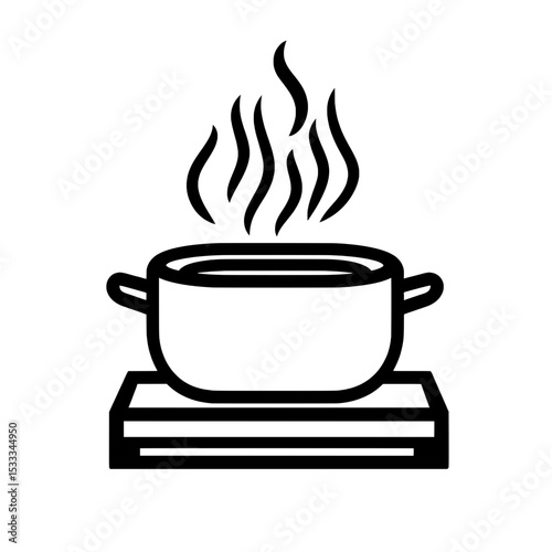 Boiling pot on gas stove icon with rising steam lines for cooking or soup preparation