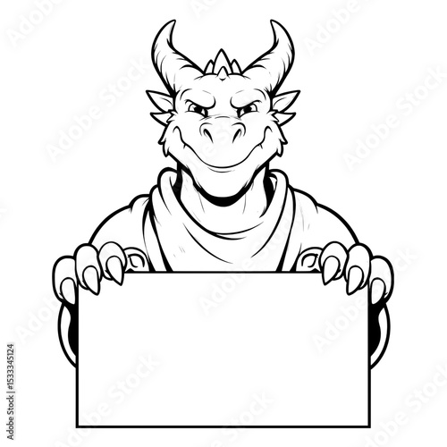 Confident dragon character holding a nameplate with horned head and cloak