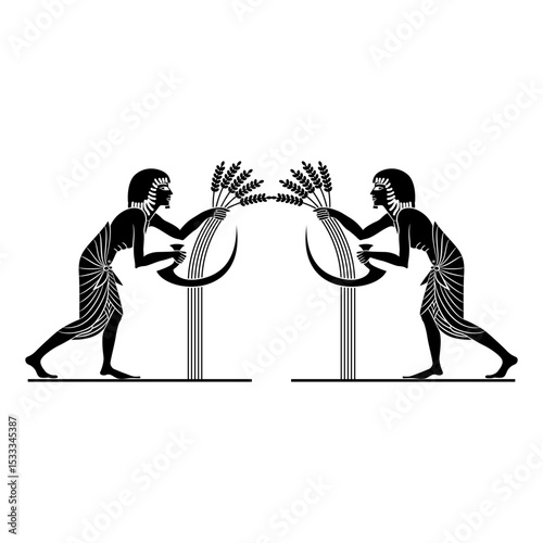Symmetrical ethnic design with two ancient Egyptian men reaping cereal grass with a sickles. Agricultural harvest motif. Black and white silhouette.