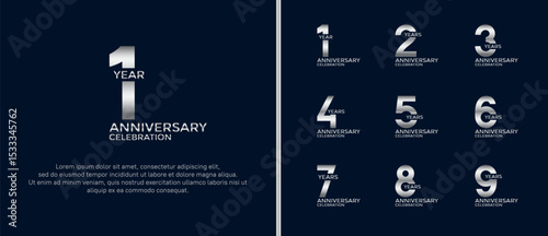 set of anniversary logo flat silver color on dark blue background for celebration moment
