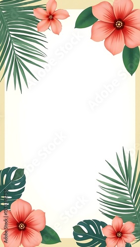 Floral summer greeting card with palm leaves, tropical flowers, and space for text on soft gradient background