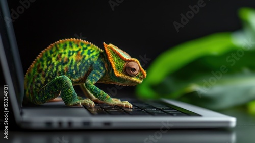 Colorful chameleon exploring digital frontiers on a modern laptop keyboard