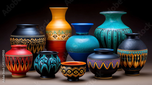 Collection of Decorative Vases and Pottery with Colorful Pattern Design Still Life
