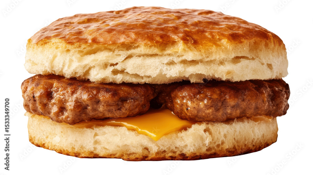 Delicious sausage biscuit sandwich with savory meat and flaky bread layers isolated on white background Delicious sausage biscuit sandwich with savory meat and flaky bread layers isolated on white background