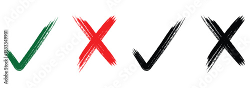 Brush Style Check Mark and Cross Symbols. Vote, yes, no, checkbox, checklist, tick and cross signs, v and x drawn concept.