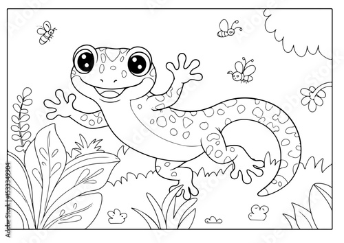 gecko cartoon outline line art vector illustration for coloring page for chidren's kids, transparent background
