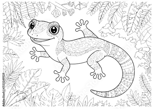 gecko cartoon outline line art vector illustration for coloring page for chidren's kids, transparent background