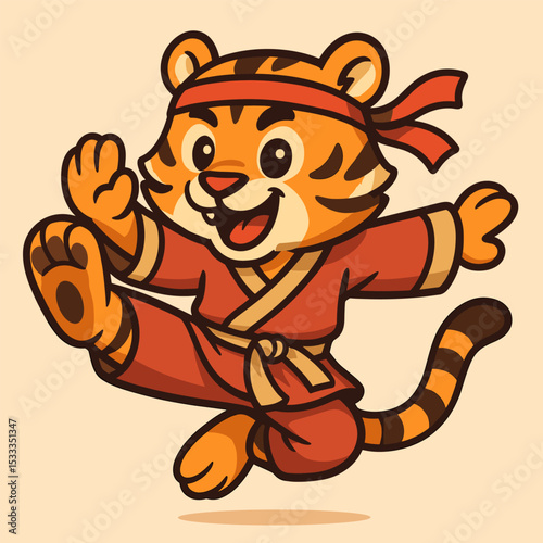 A funky cartoon tiger doing a high kung fu kick, wearing a red headband and robe, with a playful expression. Bold lines and vibrant colors on a pastel background.