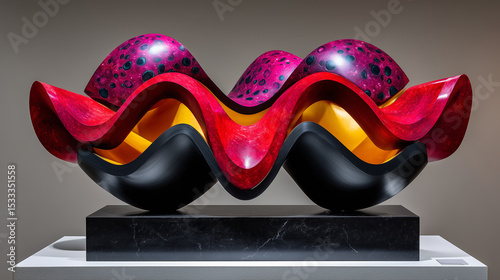 Abstract Sculpture with Red Yellow and Black Waves and Pink Spotted Sphere
