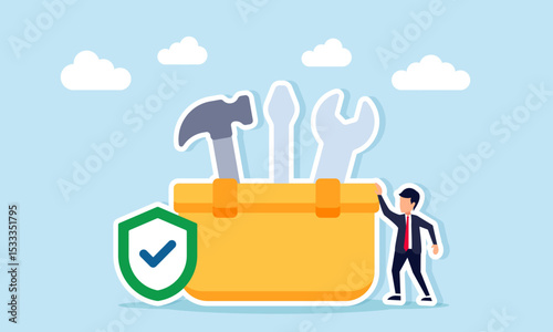Businessman standing next to a tool kit box with a shield marked with a check symbol representing guaranteed business system illustration
