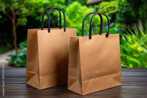 Two Brown Paper Shopping Bags on Wood Table with Green Foliage Background Mockup