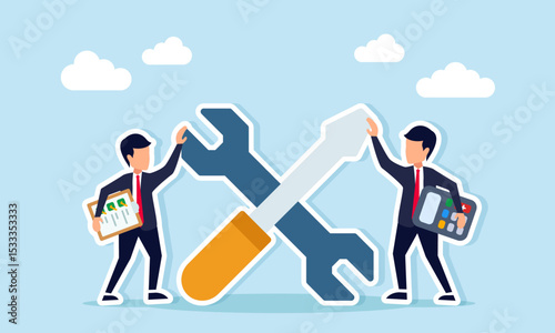 A wrench and screwdriver placed between a businessman hold a work document list and another hold a calculator representing calculation and supervision of system maintenance illustration