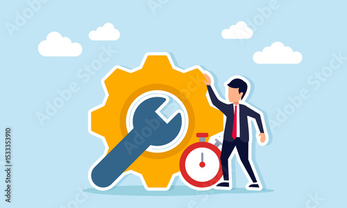 Businessman near system gear mechanical key and stopwatch representing a deadline for business system maintenance illustration