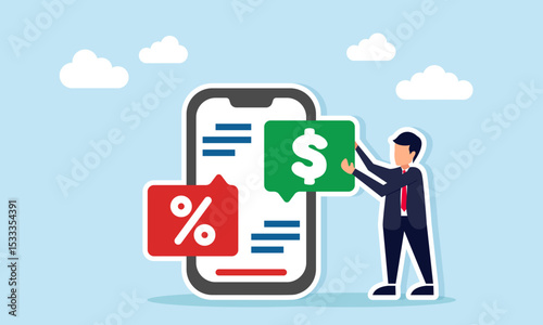 Businessman near a smartphone with a percent chat dialog while holding a dollar chat dialog representing browsing for inspiration on promotional strategy with discounts illustration
