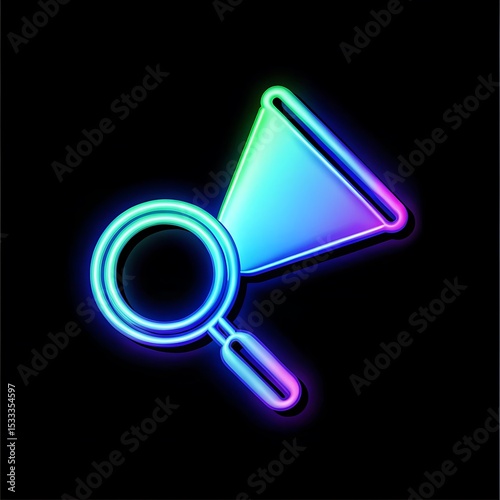 Neon Magnifying Glass and Funnel Icon on Black Background