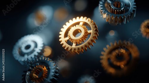 Floating mechanical gears in gold and silver tones create captivating abstract design