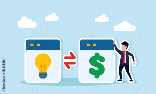 Businessman near two app interfaces showing a lightbulb and a dollar sign separated by a double arrow illustration of exchanging ideas and business finance