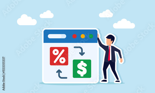 Businessman near an app interface showing exchange between percent and dollar symbols illustration of planning strategy to increase profit through sales discount approach