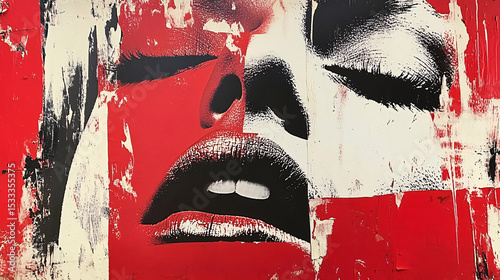 Abstract portrait with bold colors showing a woman's lips and closed eyes.