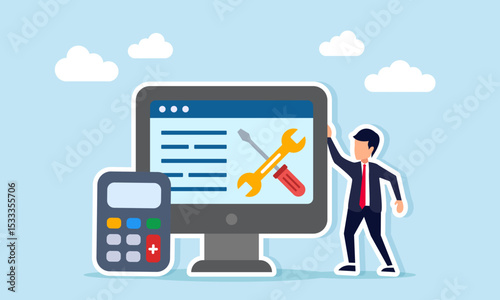 Businessman standing next to a calculator and a monitor displaying a wrench and screwdriver symbolizing business system maintenance risk calculation illustration