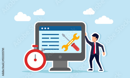 Businessman standing next to an alarm clock and a monitor displaying a wrench and screwdriver representing a deadline for business system maintenance illustration