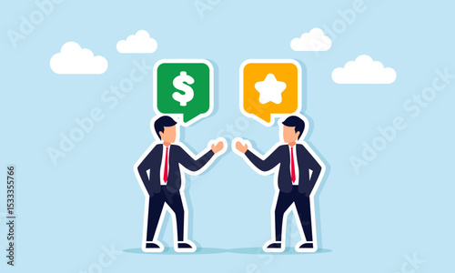 Two businessmen talking with chat bubbles showing a dollar and a star illustration of sharing strategies for improving business quality