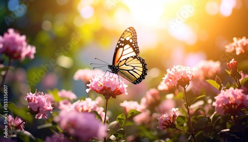 Wallpaper Mural Butterfly on pink flowers in sunlight Torontodigital.ca