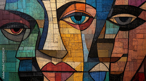 This captivating artwork features three stylized faces with bold colors and geometric shapes.