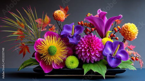 Colorful Floral Arrangement with Dahlia Lily Anthurium and Autumn Leaf for Table Centerpiece
