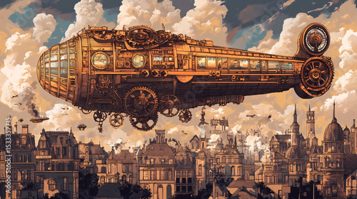 A detailed steampunk airship soaring above a fantastical Victorian cityscape.