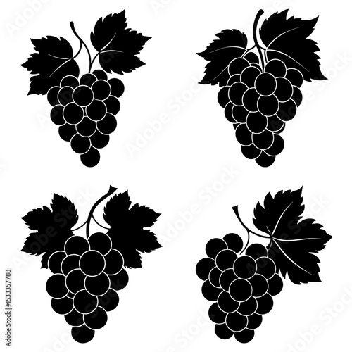 Four bunches of grapes with leaves in black and white silhouette style are arranged symmetrically