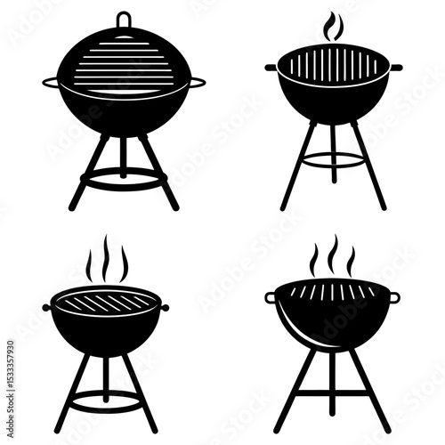 Collection of four black and white barbecue grill illustrations with varying designs and smoke effects