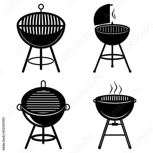 Illustration showing four different barbecue grills in black and white silhouette style design format