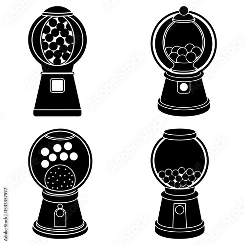 Collection of four black and white gumball machines with varying amounts of gumballs inside each one