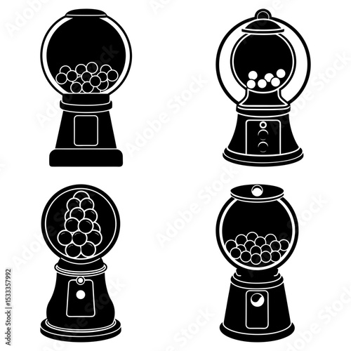 Illustration showing four gumball machines with varying designs and filled with gumballs on a white background