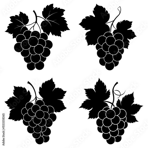 Four bunches of grapes with leaves in black silhouette on a white background in a vector illustration