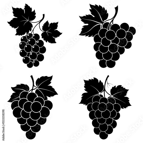 Four bunches of grapes with leaves in black silhouette on a white background in a vector format